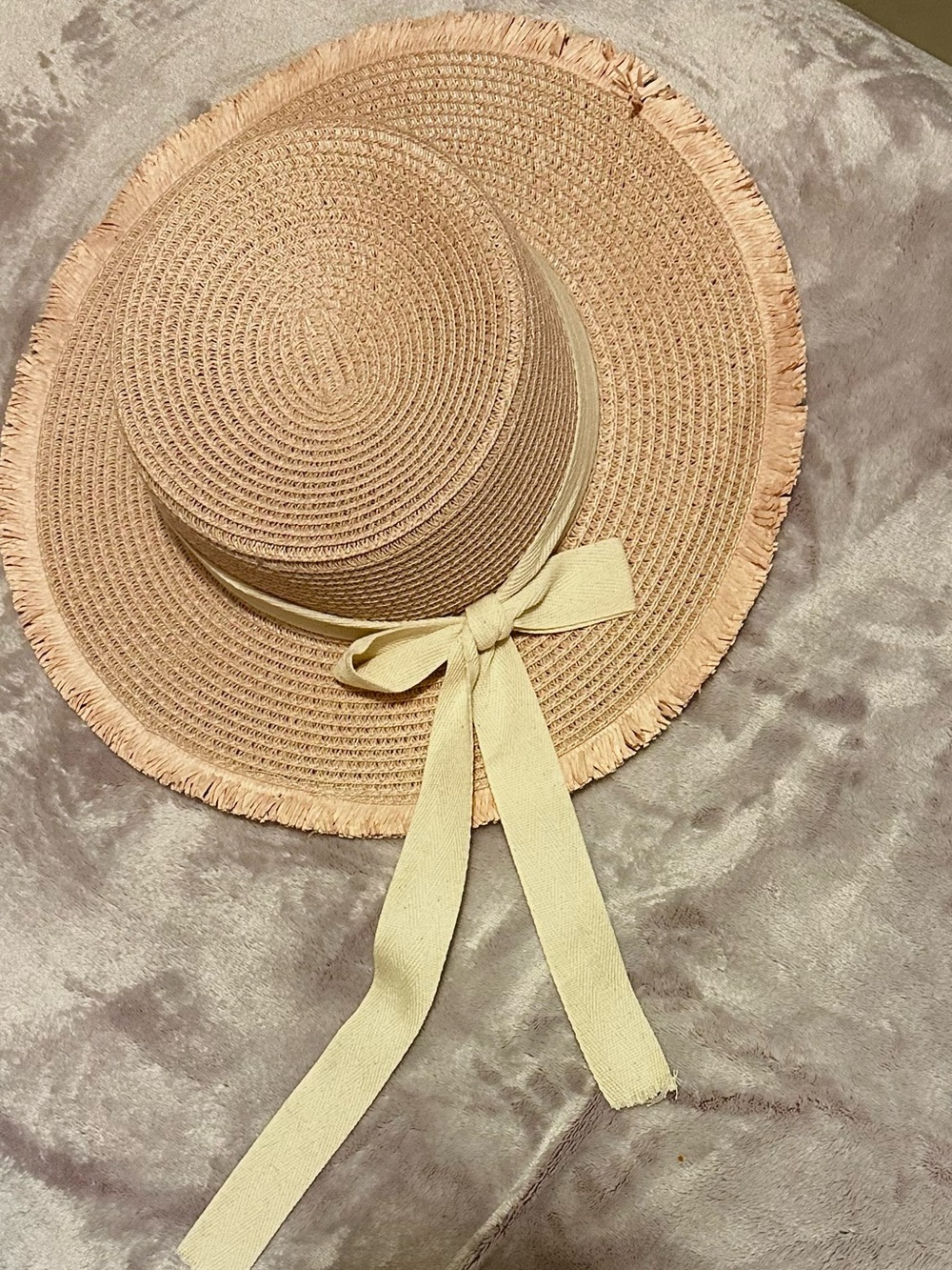 Pale Pink Straw Sun Hat with Cream Coloured Bow - Women Accessories